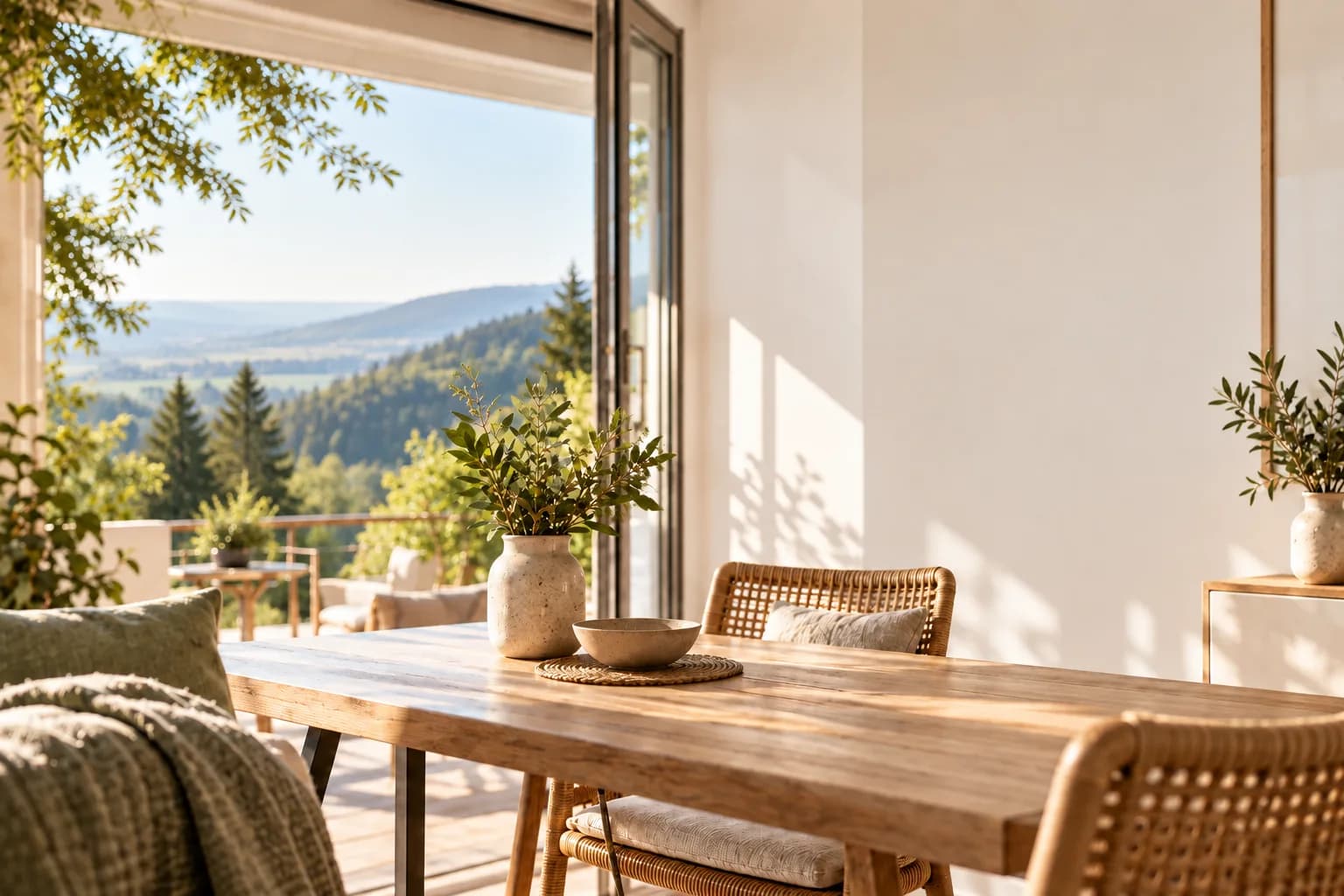 Helle Ferienwohnung mit Naturmaterialien und Blick in das bewaldete Hochrheintal