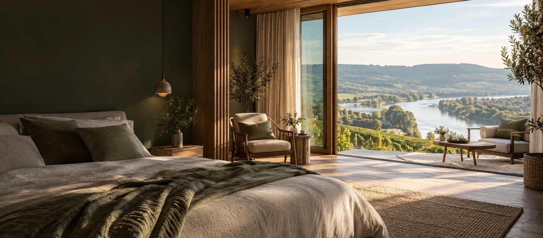 Helles Schlafzimmer einer Ferienwohnung mit Blick über Weinberge auf den Rhein