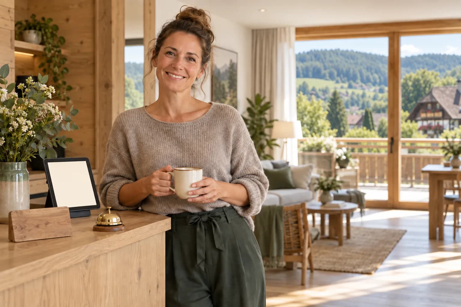 Gastgeberin mit einer Tasse an der Rezeption einer hellen, einladenden Unterkunft